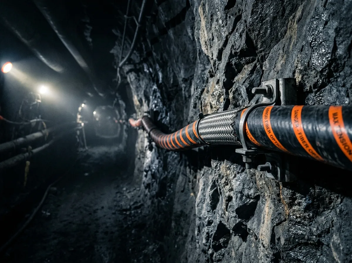 Armored mining fiber optic cable installed along an underground mine tunnel wall