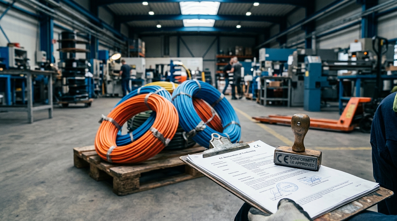 Industrial fiber optic cable coils beside EU compliance documents, illustrating CE RoHS REACH compliance for cable buyers