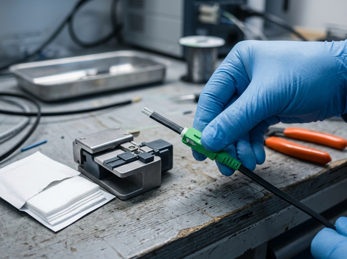 Technician terminating an SC/APC fiber optic fast connector onto an FTTR flat drop cable at a field workbench
